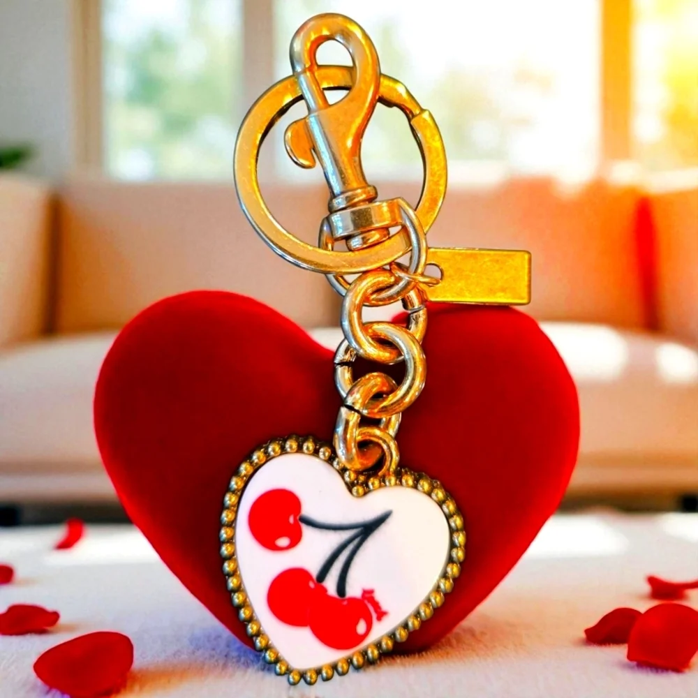 Elegant Gold and Red Cherry Heart Decorative Charm Keyholder
